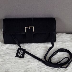Bijoux Terner Black Satinw/Rhinestone Buckle Evening Clutch w/Shoulder Strap,NEW